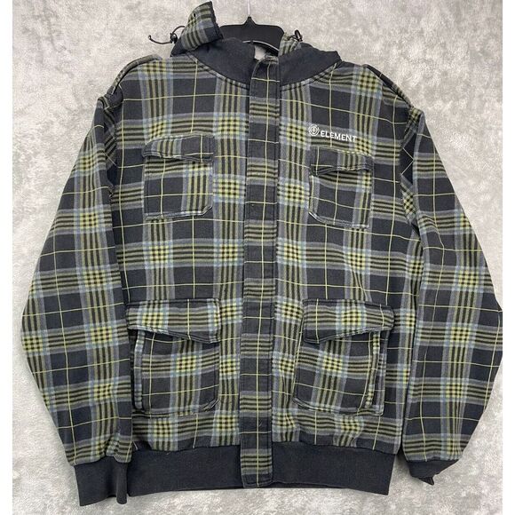 Element Mens Hoodie Green Plaid Full Zip L Long Sleeve Fleece Lined Flannel Flaw - Picture 1 of 10